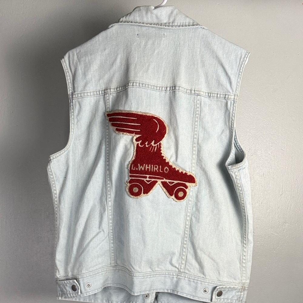 One of a kind Roller Skate varsity denim vest with true vintage patches